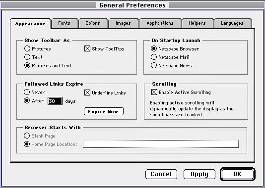 Netscape Navigator 3 for Mac Preferences (1997)